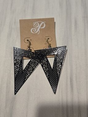 Plunder Black Filigree Triangle Drop Earrings
